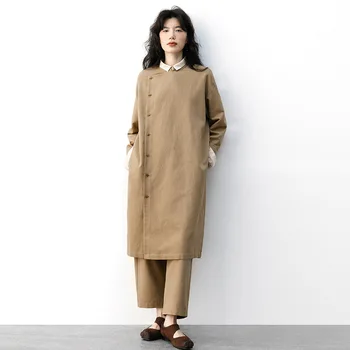 Осенний винтажный костюм в китайском стиле 2023 года цвета хаки с длинным жакетом, платьем и брюками